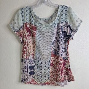 Ecote Top Small Gray Sheer Patchwork Bird Floral Print Boho‎